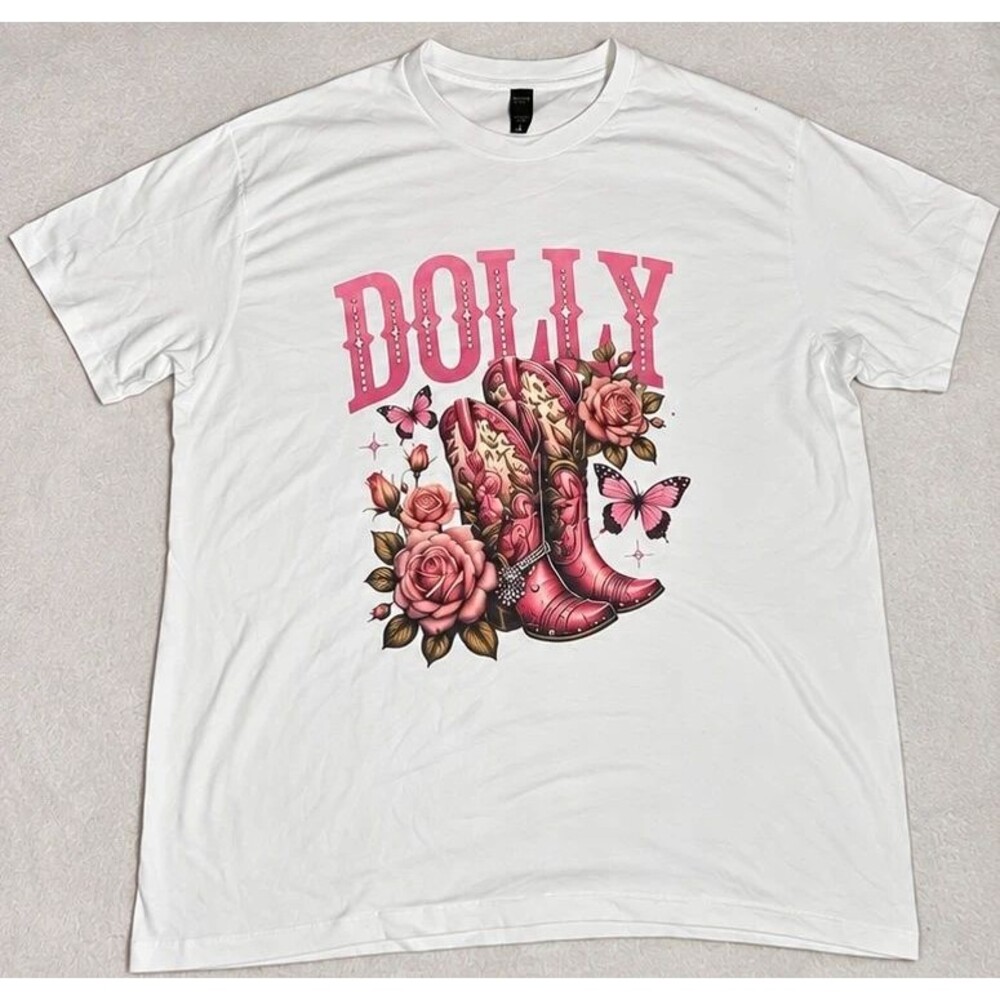 Dolly Parton Western Cowgirl Boots Roses Butterfly Graphic T-Shirt White XL